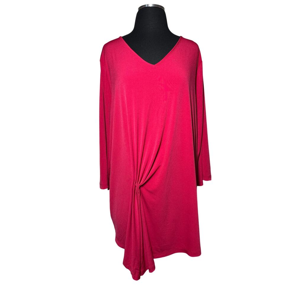 Susan Graver Liquid Knit V-Neck Top Side Drape Ruch Detail Magenta Pink Sz 3X